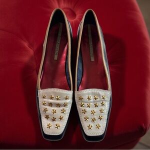 Enzo Angiolini Vero Cuoio Women's Black & White Leather Loafers Gold Stars SZ 9